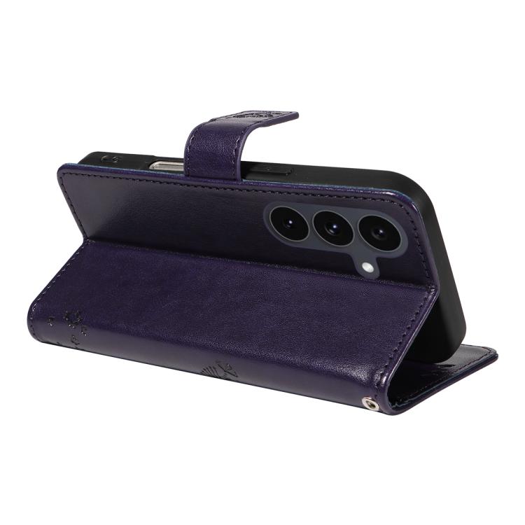 Funda de cuero con tapa para Samsung Galaxy S25 FE 5G con diseño de árbol y gato (morado)