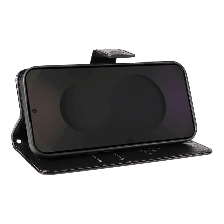 Funda de cuero con tapa y diseño de árbol y gato en relieve para Samsung Galaxy S25 FE 5G (negra)
