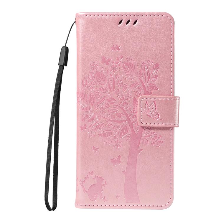 Funda de cuero con tapa y diseño de árbol y gato en relieve para Samsung Galaxy S25 FE 5G (oro rosa)