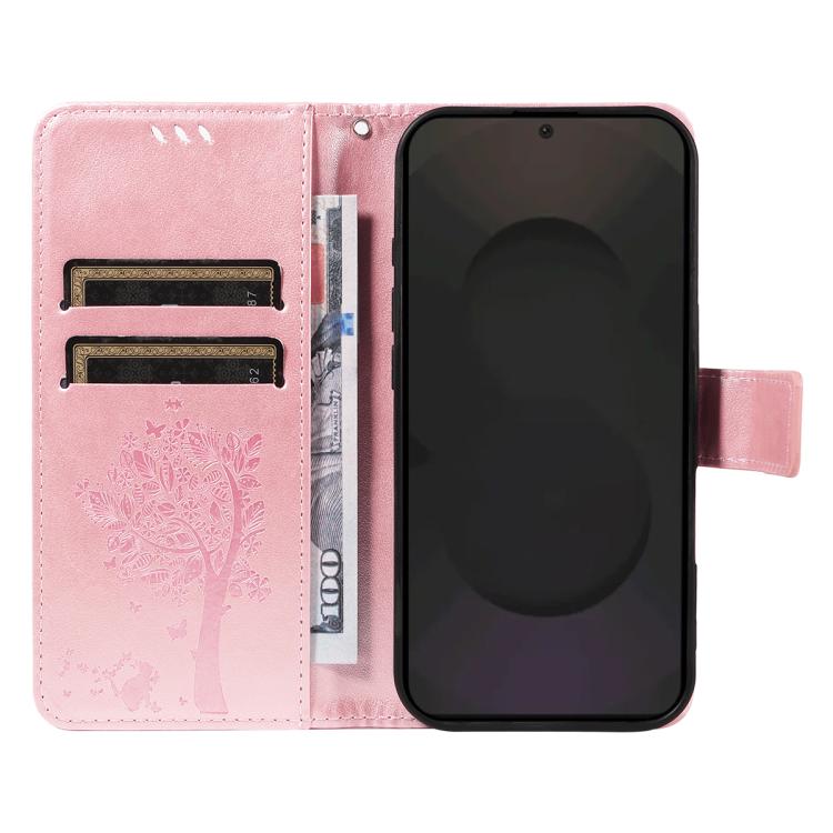 Funda de cuero con tapa y diseño de árbol y gato en relieve para Samsung Galaxy S25 FE 5G (oro rosa)