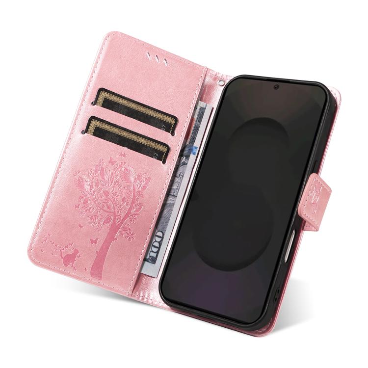 Funda de cuero con tapa y diseño de árbol y gato en relieve para Samsung Galaxy S25 FE 5G (oro rosa)