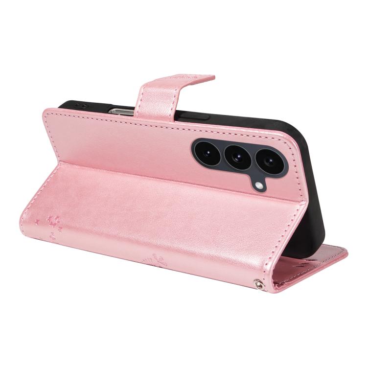 Funda de cuero con tapa y diseño de árbol y gato en relieve para Samsung Galaxy S25 FE 5G (oro rosa)