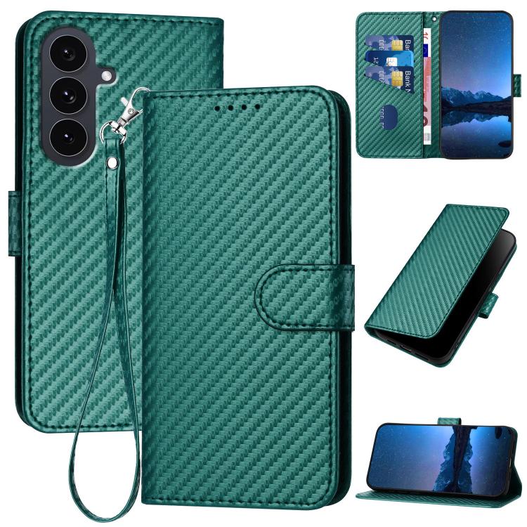 Funda de cuero con hebilla de fibra de carbono y cordón para Samsung Galaxy S25 FE 5G YX0070 (verde oscuro)