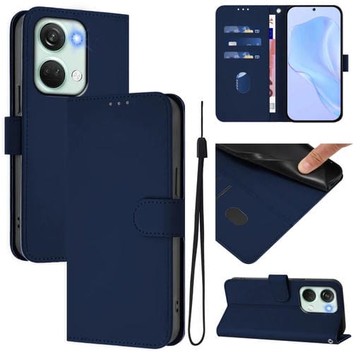 Funda de Piel Textura Lisa para OnePlus Nord 3 Ace 2V con Cordón (Azul Marino)