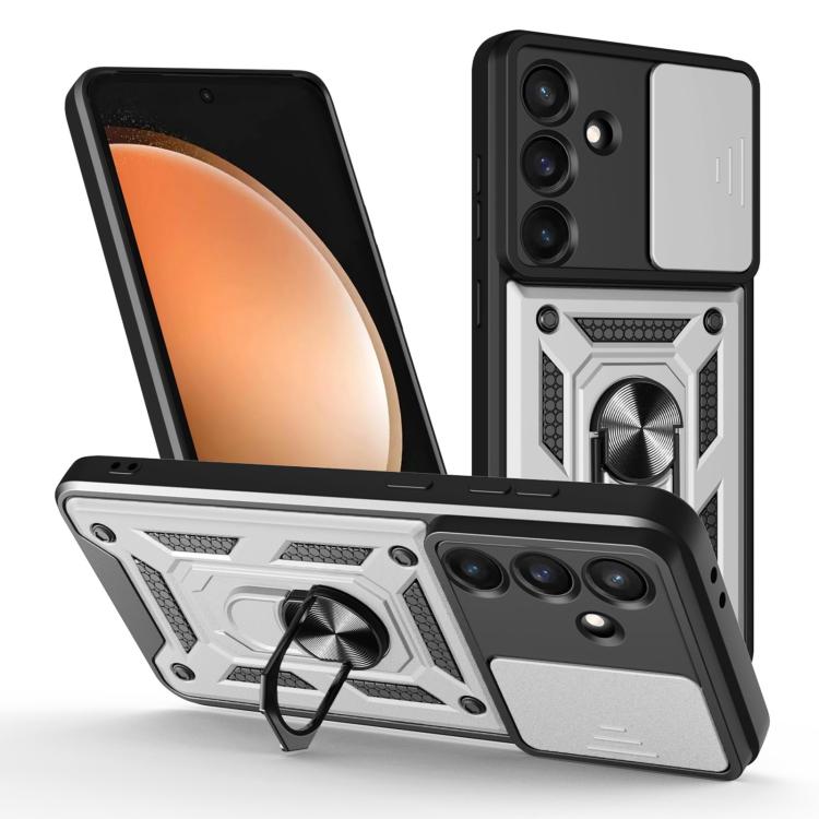 Funda de TPU y PC con diseño de cámara deslizante para Samsung Galaxy S25 FE 5G (plateada)