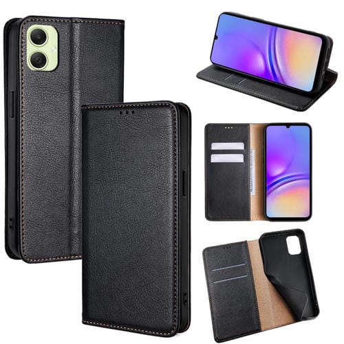 Funda de cuero magnético con acabado brillante y aceite para Samsung Galaxy A05 4G (negro)