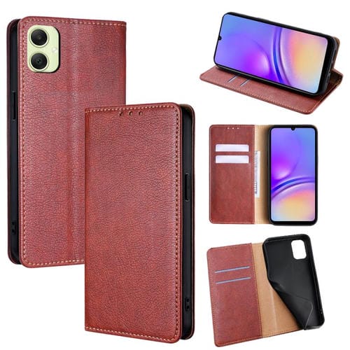 Funda magnética de cuero con acabado brillante y aceite para Samsung Galaxy A05 4G (marrón)
