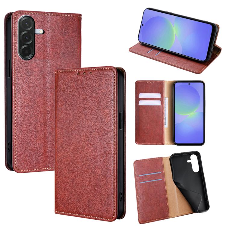 Funda magnética de cuero con acabado brillante y aceite para Samsung Galaxy A36 5G (marrón)