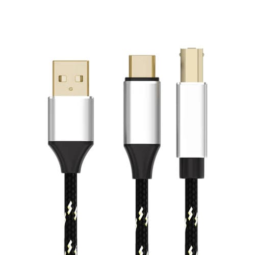 Cable de Impresora 2 en 1 Tipo C y USB-A a USB-B para Instrumentos MIDI 1 m (Negro Dorado)