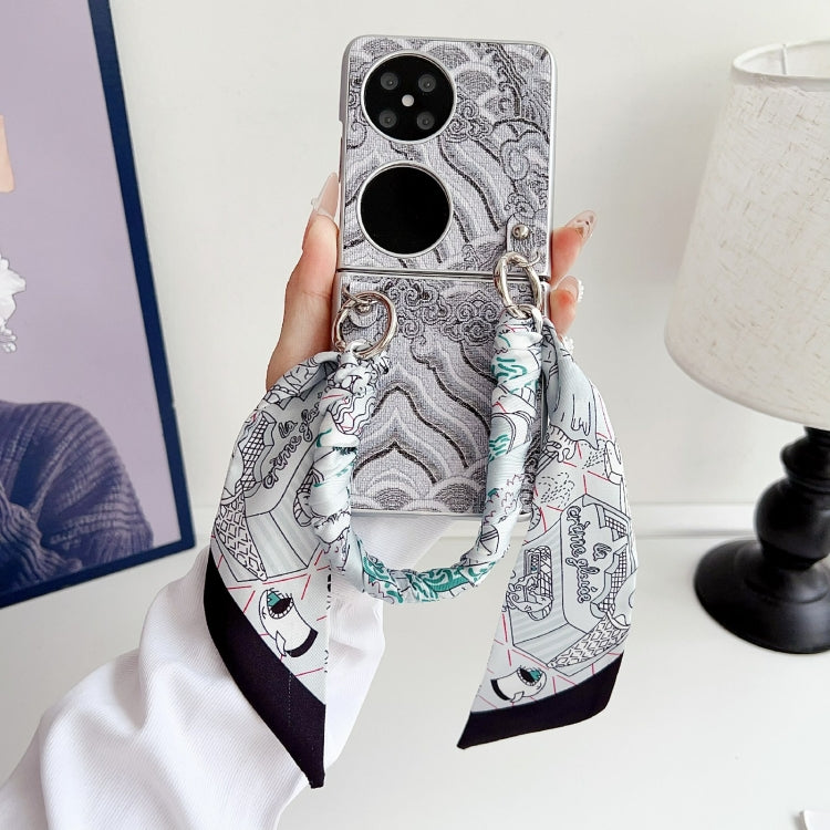 Funda para Teléfono Huawei P50 Pocket con Bordado de Nubes Propicias y Cobertura Total con Bufanda/Pulsera (Gris)