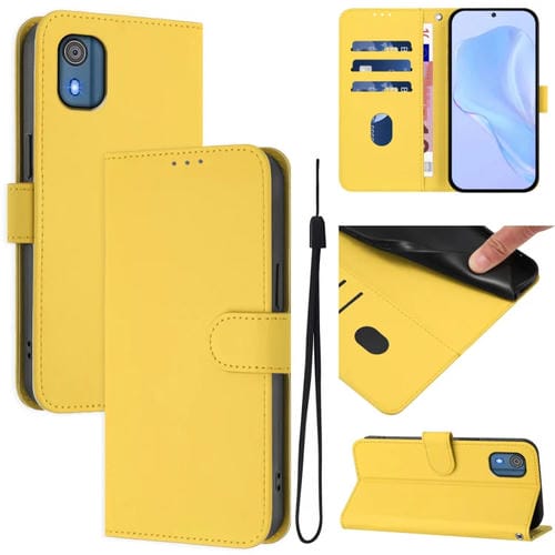 Funda de Piel para Nokia C02 con Cordón (Amarillo Limón) Tacto de Piel Liso