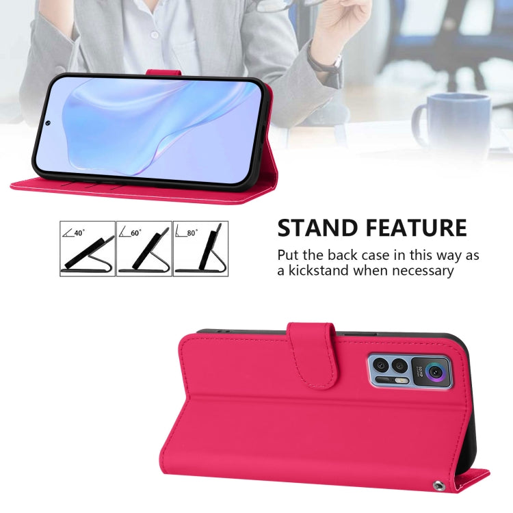 Funda de Cuero con Cordón para Teléfono TCL 30 4G 30 5G 30+ Tacto de Piel (Rosa Rojo)