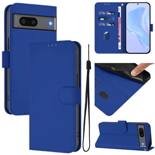 Funda de Cuero con Cordón para Google Pixel 7 (Azul Oscuro) Diseño de Piel Liso y Tacto Agradable