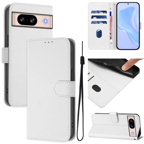 Funda de Cuero con Cordón para Google Pixel 8 (Blanco) Diseño de Piel y Tacto Agradable