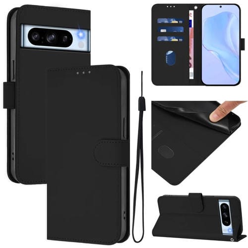 Funda de Cuero con Cordón para Google Pixel 8 Pro (Negro) Diseño Piel Liso Tacto Agradable