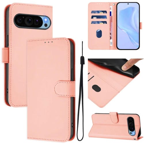 Funda de Cuero con Cordón para Google Pixel 9 y Pixel 9 Pro (Rosa)