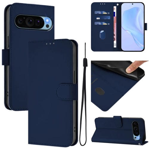 Funda de Cuero con Cordón para Google Pixel 9 y Pixel 9 Pro (Azul Marino)