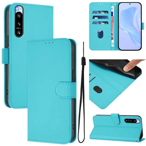 Funda de Piel para Sony Xperia 5 IV con Cordón (Azul Lago)