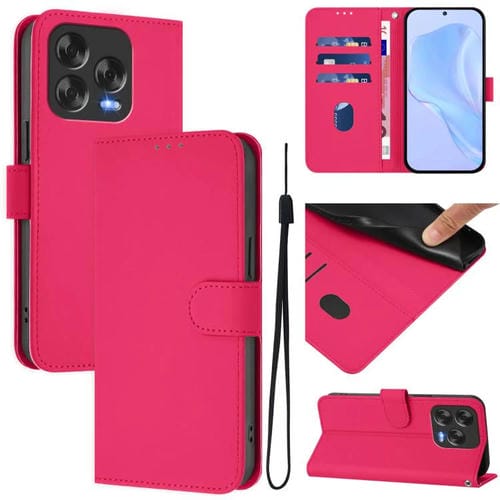 Funda de Piel Sintética para ZTE Blade V70 con Diseño Liso y Cordón (Rosa y Rojo)