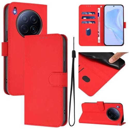 Funda de piel con cordón para Tecno Camon 40 Premier Skin Feel, color liso (rojo)