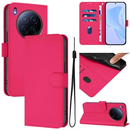 Funda de piel con cordón para Tecno Camon 40 Premier Skin Feel (color sólido) (rojo rosa)