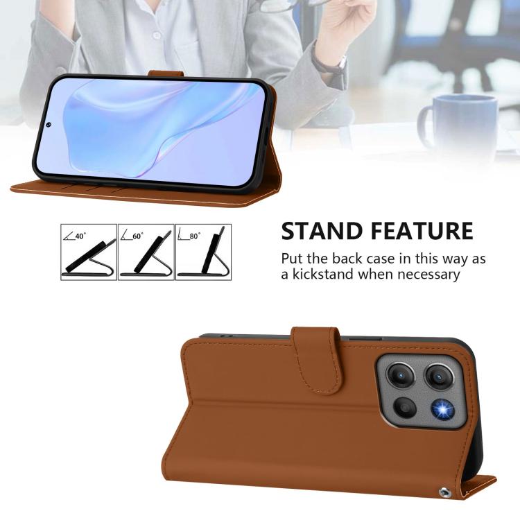 Funda de cuero con textura de piel y cordón para Motorola Moto G15 Power (marrón)