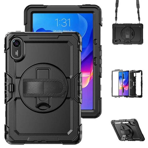 Funda híbrida de silicona para tableta Xiaomi Redmi Pad 2 con soporte giratorio y correa para el hombro (negra)