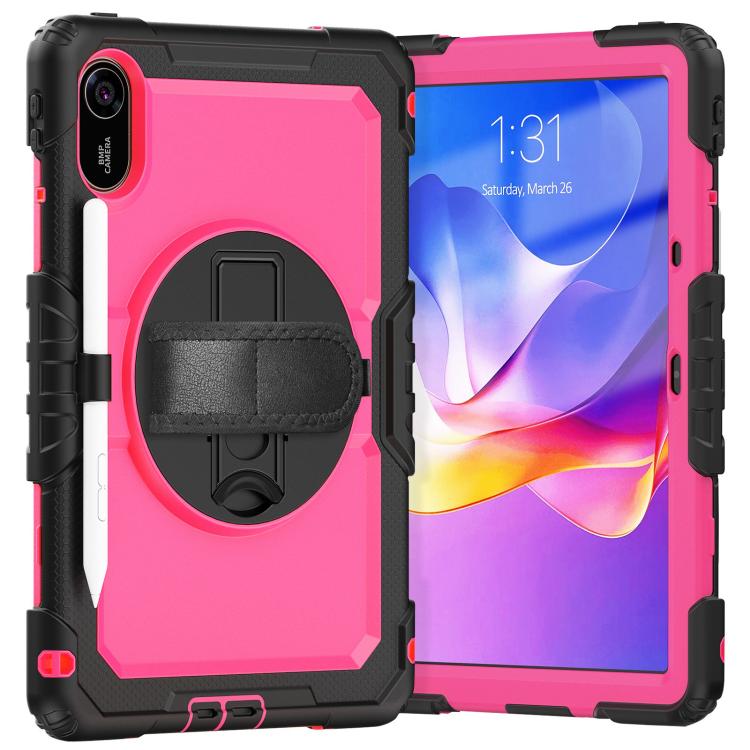 Funda híbrida de silicona para tableta Xiaomi Redmi Pad 2 con soporte giratorio y correa para el hombro (negro y rojo rosa)