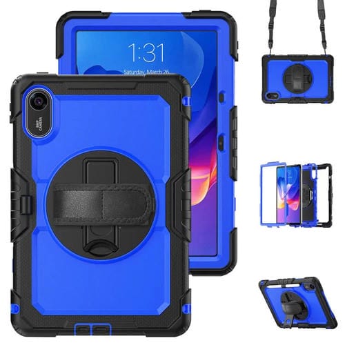 Funda híbrida de silicona para tableta Xiaomi Redmi Pad 2 con soporte giratorio y correa para el hombro (negro y azul oscuro)