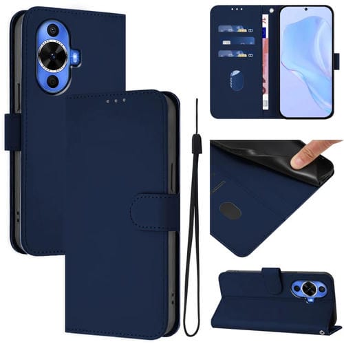 Funda de Piel para Huawei Nova 12S 4G con Textura Liso y Cordón (Azul Marino)