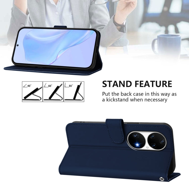Funda de Piel para Huawei P50 Pro con Textura y Cordón (Azul Marino)