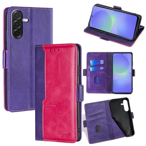 Funda de cuero con hebilla lateral en contraste para Samsung Galaxy A36 5G (morado y rojo rosa)
