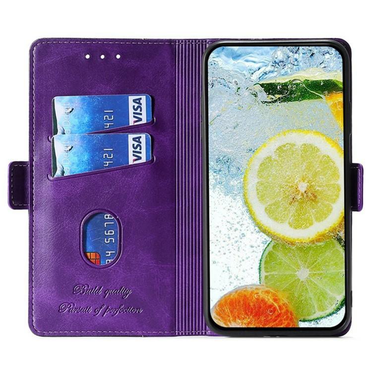 Funda de cuero con hebilla lateral en contraste para Samsung Galaxy A36 5G (morado y rojo rosa)