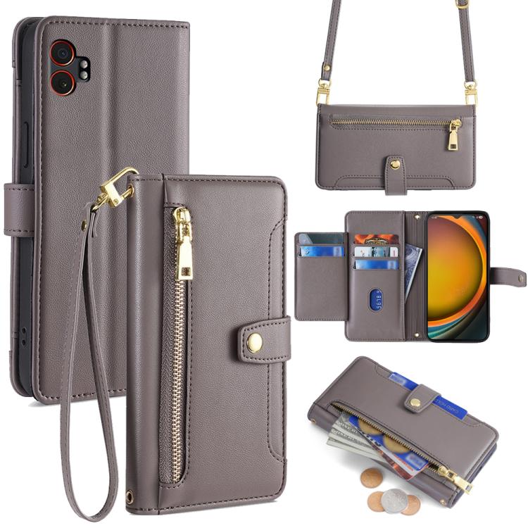 Funda de cuero tipo cartera con cremallera y textura de oveja para Samsung Galaxy Xcover 7 Pro 5G (gris)