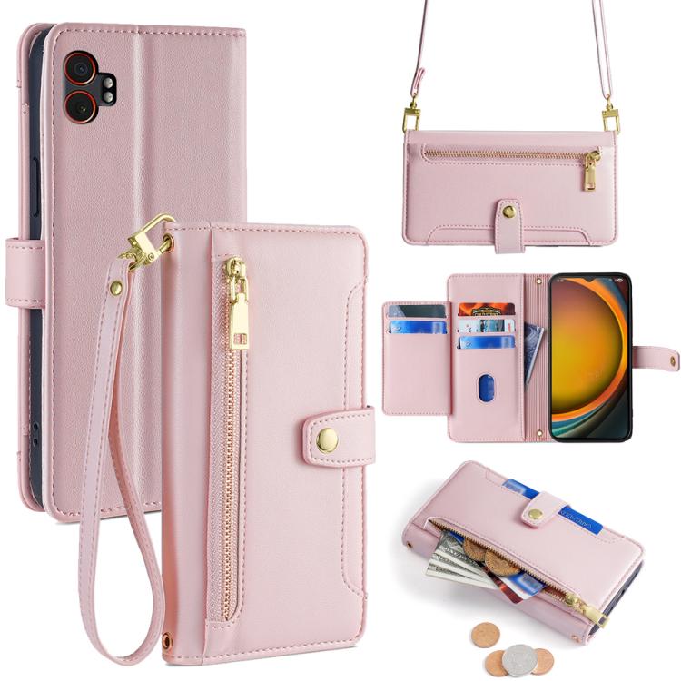 Funda de cuero tipo cartera con cremallera y textura de oveja para Samsung Galaxy Xcover 7 Pro 5G (rosa)