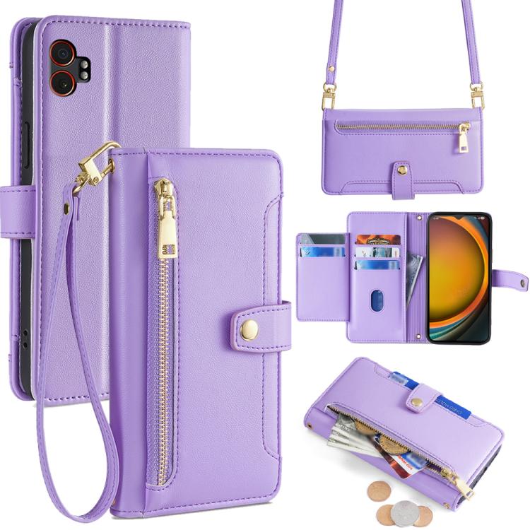 Funda de cuero tipo cartera con cremallera y textura de oveja para Samsung Galaxy Xcover 7 Pro 5G (morado)
