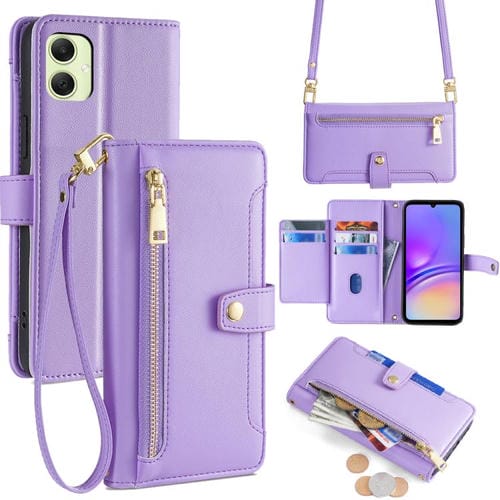 Funda de cuero tipo cartera con cremallera y textura de oveja para Samsung Galaxy A05 4G (morado)