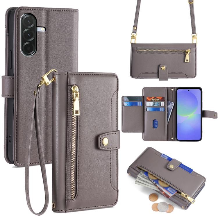 Funda de cuero tipo cartera con cremallera y textura de oveja para Samsung Galaxy A36 5G (gris)
