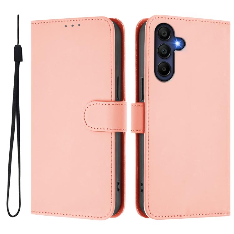 Funda de piel con textura de color liso y cordón para Samsung Galaxy A17 5G (rosa)