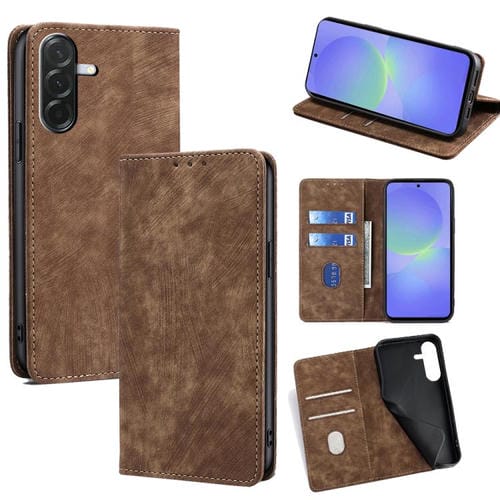 Funda de cuero magnética con cepillo y antirrobo RFID para Samsung Galaxy A36 5G (marrón)