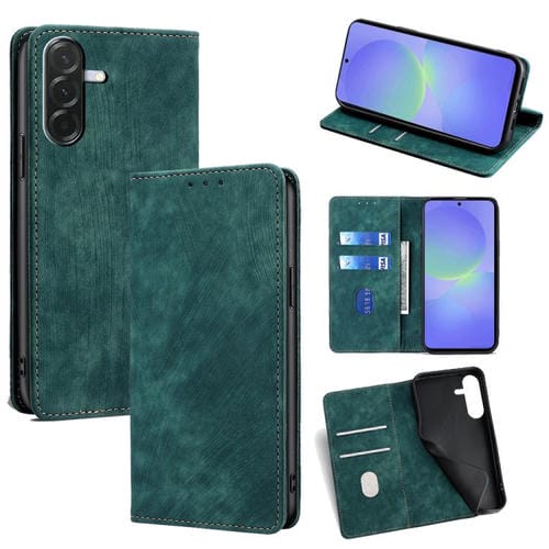 Funda de cuero magnética con cepillo antirrobo RFID para Samsung Galaxy A36 5G (verde)