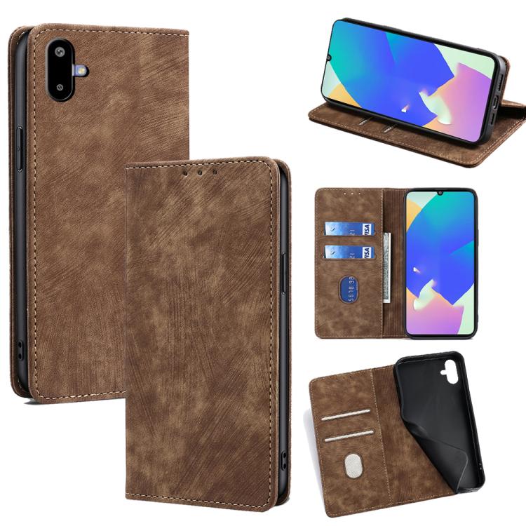 Funda de cuero magnética con cepillo y antirrobo RFID para Samsung Galaxy F06 5G (marrón)