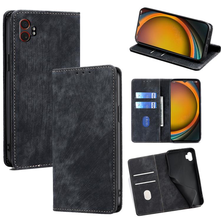 Funda de cuero magnética con cepillo y antirrobo RFID para Samsung Galaxy Xcover 7 Pro 5G (negra)