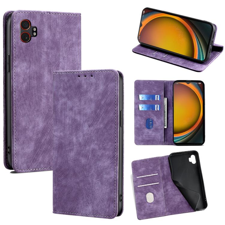 Funda de cuero magnética con cepillo y antirrobo RFID para Samsung Galaxy Xcover 7 Pro 5G (morada)