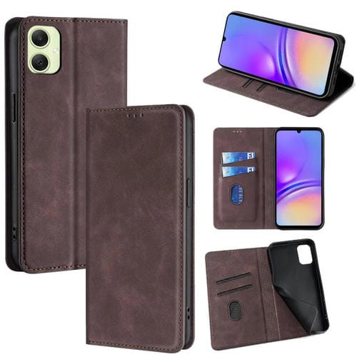 Funda de cuero magnética con textura de piel para Samsung Galaxy A05 4G (marrón oscuro)