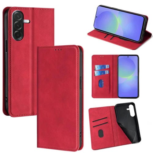 Funda de cuero magnética con textura de piel para Samsung Galaxy A36 5G (roja)