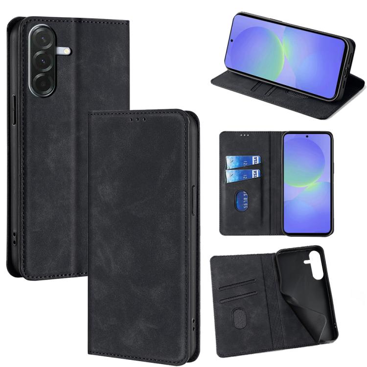 Funda de cuero magnética con textura de piel para Samsung Galaxy A36 5G (negro)