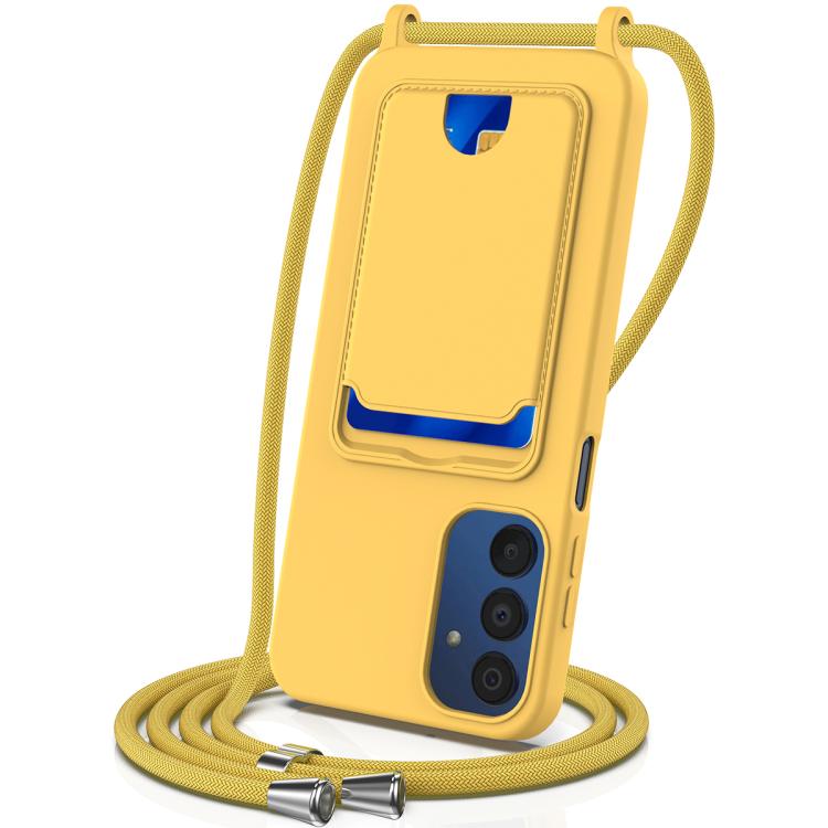 Funda de silicona líquida de color sólido con cordón para Samsung Galaxy A54 5G, con tarjetero integrado (amarilla)