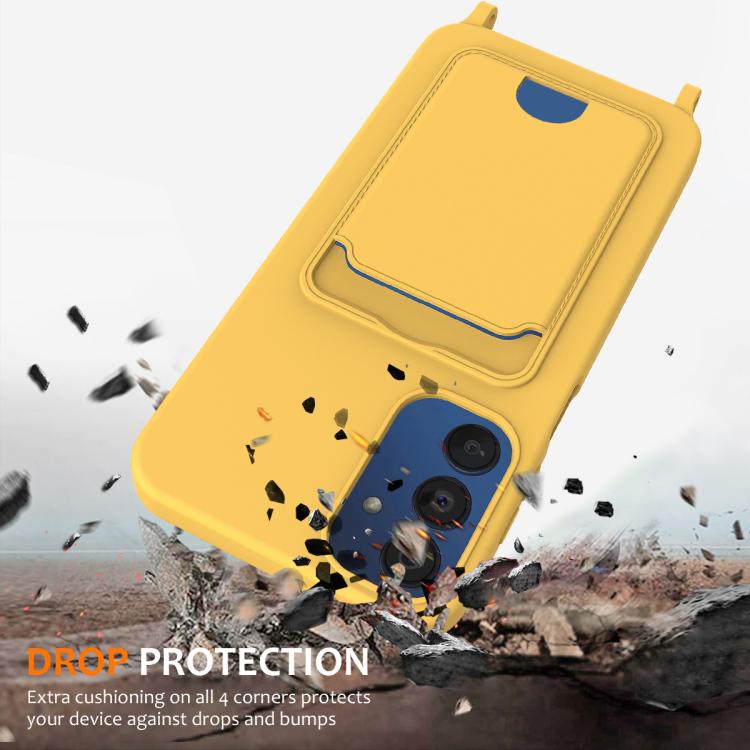 Funda de silicona líquida de color sólido con cordón para Samsung Galaxy A54 5G, con tarjetero integrado (amarilla)
