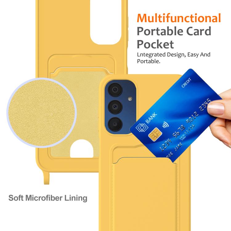 Funda de silicona líquida de color sólido con cordón para Samsung Galaxy A54 5G, con tarjetero integrado (amarilla)
